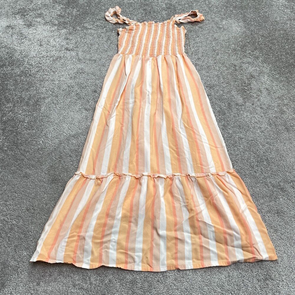 Coco And Shay Smocked Maxi Dress Juniors XL Orange White Striped Ruffles Summer